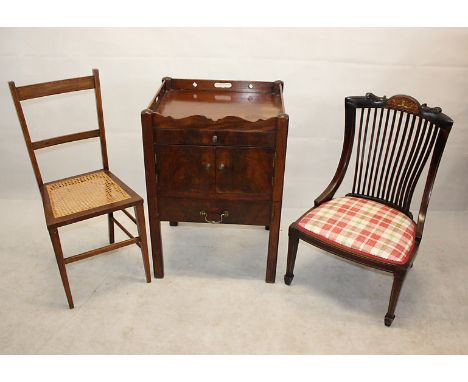 A mahogany tray top Georgian wash stand, fitted with panel doors, converted commode seat, together with two bedroom chairs, 5