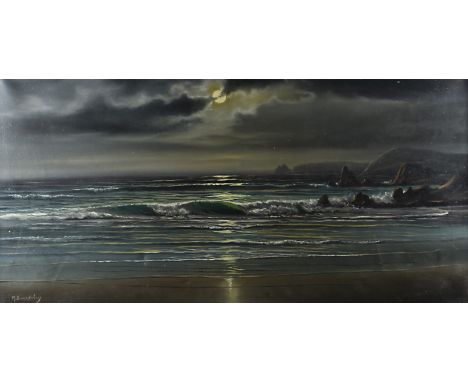 A Beardsley, 20th Century, oil on canvas, moonlit seascape, signed bottom left, 40.5 cm x 80.5 cm together with Robin Wallace