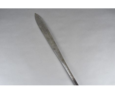 An African Maasai Seme sword, having a double sided tapering blade, 71cm long, complete with scabbard, possible animal skin 