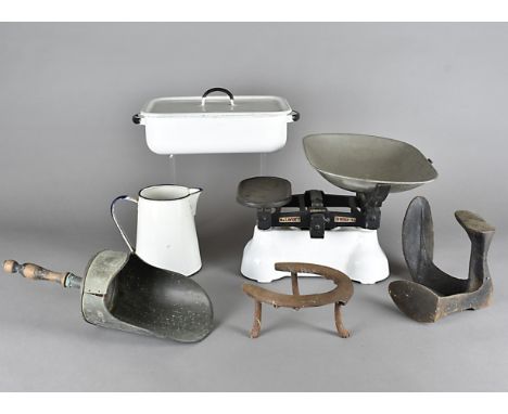 A W & T Avery limited set of white enamel scales, an enamel white and blue rimmed jug, an enamel tureen and cover and other i