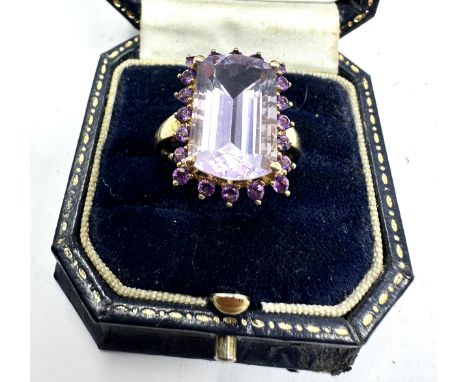 9ct Pink Spinel Emerald Cut &amp; amethyst halo   Cocktail Ring weight 5.1g 