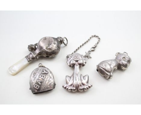 4 x .925 sterling silver baby rattles 