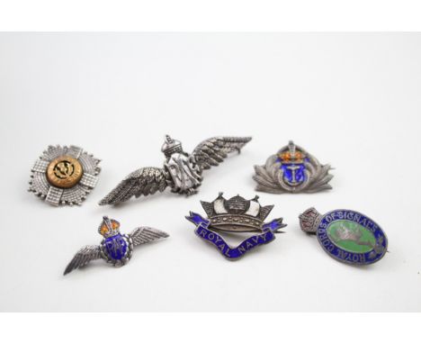 Sterling Silver Military Sweetheart Badges x 6 inc Royal Navy R.A.F 29g 