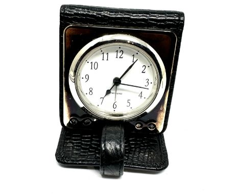 hallmarked 925 silver cased  quartz travel alarm clock in black leather case the clock is ticking 