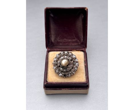 Antique white &amp; yellow metal ring set with rose cut diamonds &amp; pearl uk size K measures approx 1.9cm diameter 