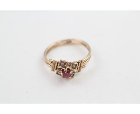 12ct gold antique ruby paste &amp; seed pearl five stone dress ring (1.5g) 