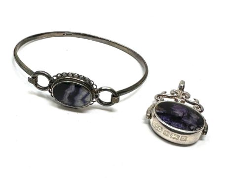 Vintage silver &amp; blue john bracelet &amp; swivel fob weight 27g 