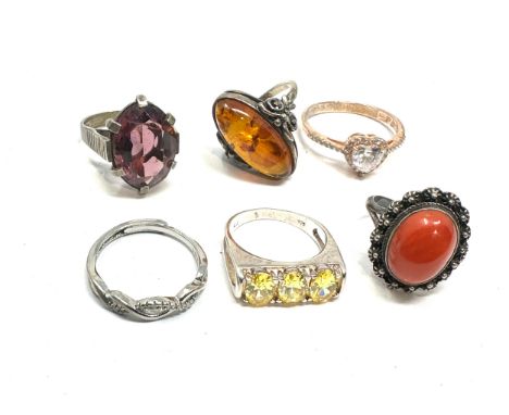 6 silver stone set rings inc coral amber etc 