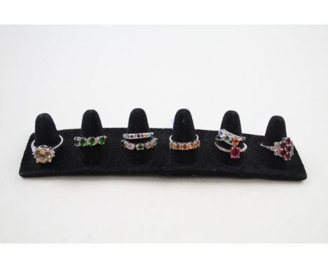 A collection of silver gemstone rings including Ruby (27g) 
