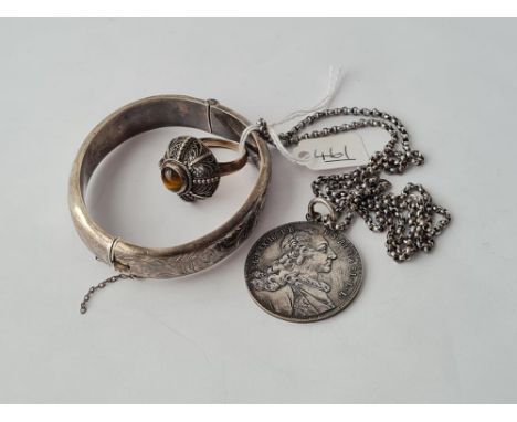 A coin Patrona Bavariae dated 1760 on necklace with silver bangle &amp; tigers eye ring 