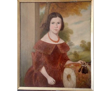 VICTORIAN SCHOOL - Half length portrait of seated young lady in landscape. 24x20