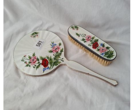 A attractive Enamel decorated hand mirror and brush with flower motives B'ham 1963