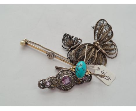 A white metal filigree butterfly brooch, silver &amp; amethyst brooch &amp; 2 other silver brooches