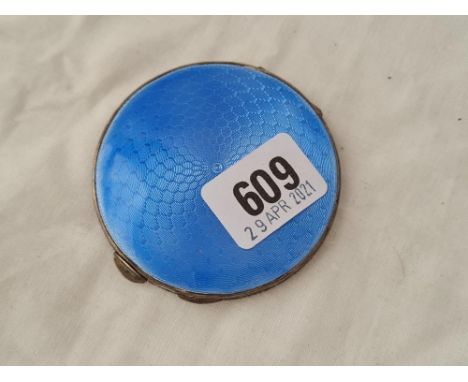 A circular blue enamel compact with mirror interior 3 inches dia B'ham 1933 by B&amp;Co 