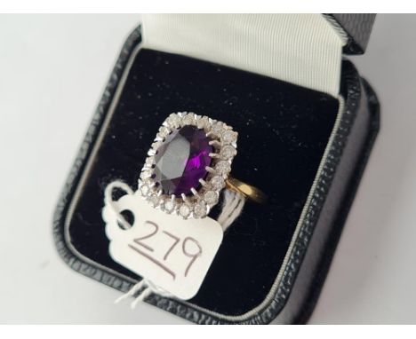 EQUALLY AS STUNNING IS A LARGE AMETHYST &amp; DIAMOND RING IN 18CT GOLD - central amethyst is 12mm x 10mm - size Q - 7.7gms