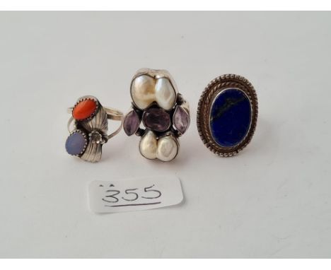 Three large silver rings, pearl &amp; amethyst,/ coral/ chalcedony &amp; lapis