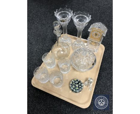 A tray of glass mantel clock, crystal candle holders, decanters, paperweights, whiskey tumblers etc 