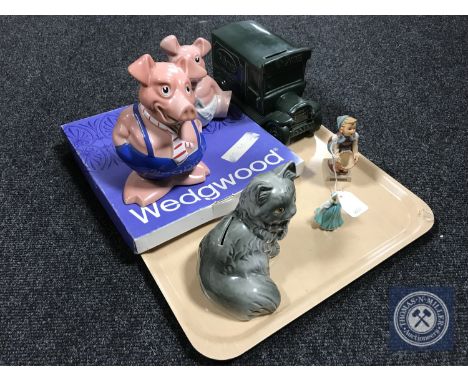 A tray of two Wade NatWest money boxes, Wade delivery van money box, boxed Wedgwood plate, Royal Doulton miniature figure Jan
