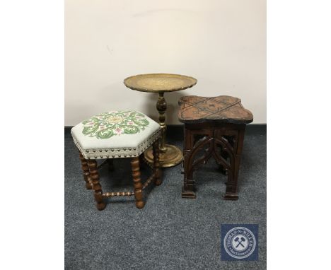 A carved plant stand together with a gilt wine table and hexagonal footstool 