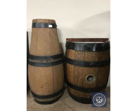 An oak coopered barrel stick stand and An oak coopered barrel in the form of a stick stand 