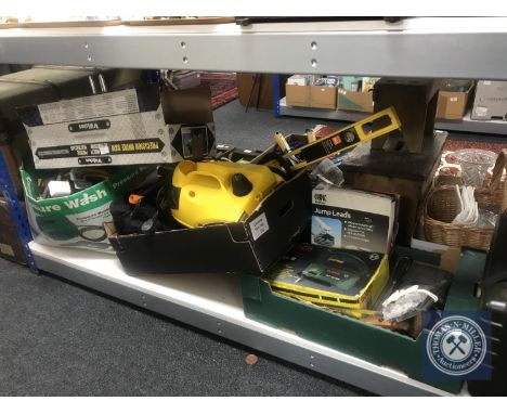 Three boxes of hand and power tools, two pressure washers, pump, mitre saw etc 