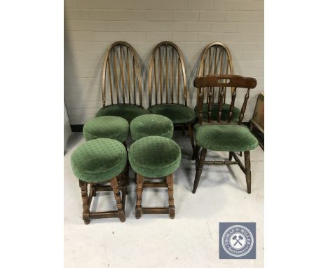 Three Ercol high back dining chairs, pub chair, four pub stools in green fabric 