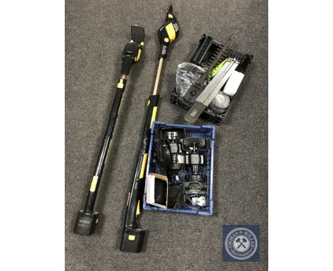Two G-Tech 18 volt garden multi tools and two baskets of accessories 
