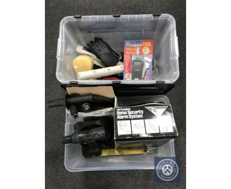 Two boxes of assorted power tools, wall paper etc 