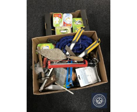 A box of assorted hand tools and accessories, box of screws 
