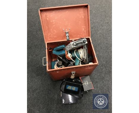 A storage box of power tools, car radios, free view box, Binatone sat nav 