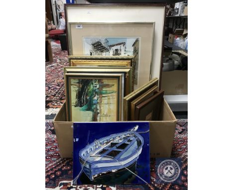 A collection of framed pictures and prints including John J Kerr watercolour, etc and a glazed ceramic tile 
