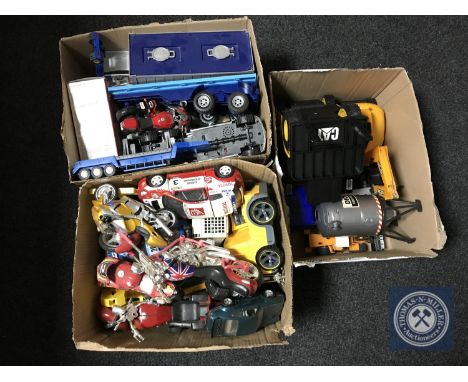 Three boxes of plastic vehicles - motor bikes, racing cars, fork lift etc 