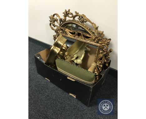 A box of gilt wall shelf, two gilt framed mirrors, mahogany framed mirror and upholstered footstool