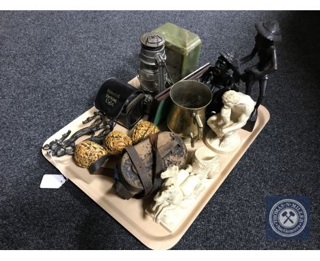 A tray of carved Eastern figures, onyx mantel clock, oil lamp, field glasses, carved Chinese resin eggs 