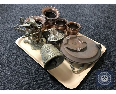 A tray of copper planters, bed warmer, ornate brass bell on bracket etc 