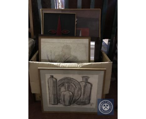 A box of continental school pictures and prints, wire work tapestry, mirror etc 
