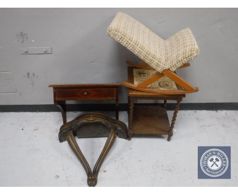 An inlaid mahogany wall shelf plus one other, occasional table and a gout stool 