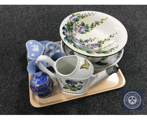 A Portmeirion fruit bowl and watering can, blue Sky china comport, Ringtons Caddy together with seven pieces of Wedgwood Jasp