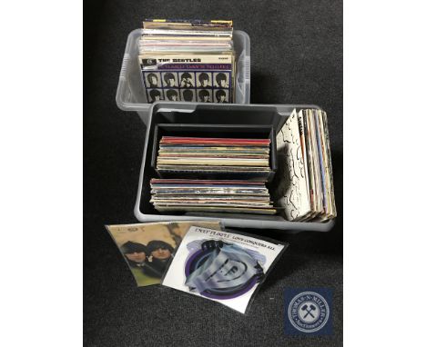 Two boxes of LP records - mainly rock and pop - The Beatles, Bob Dylan, The Rolling Stones etc 