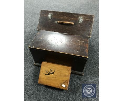 An antique pine joiner's tool box, a pine tool box and a walnut jewellery box 