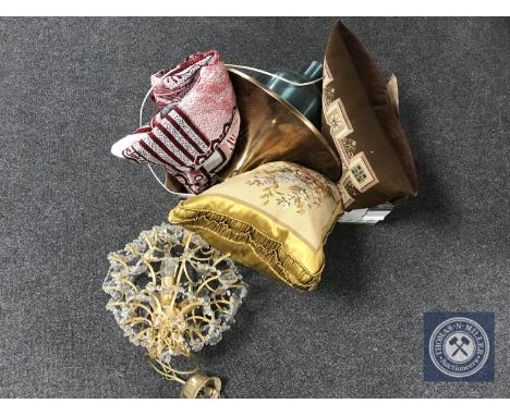 A brass light fitting with glass drops, box of throw, two tapestry cushions, copper light fitting and a shade 