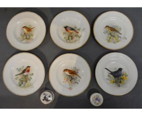 A Set of Six Royal Worcester Small Dishes decorated with Birds, signed Powell, together with two Royal Worcester Pin Boxes 