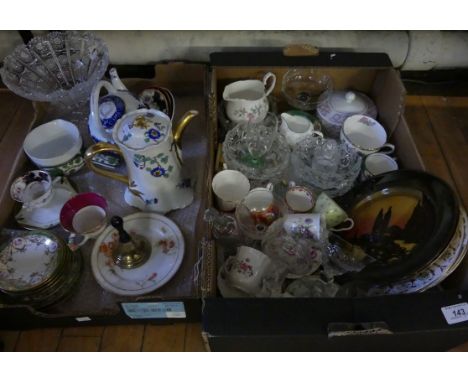 Two boxes of mixed items to include various coffee cans and saucers, Havliand teapot, Doulton plates, various mixed glassware