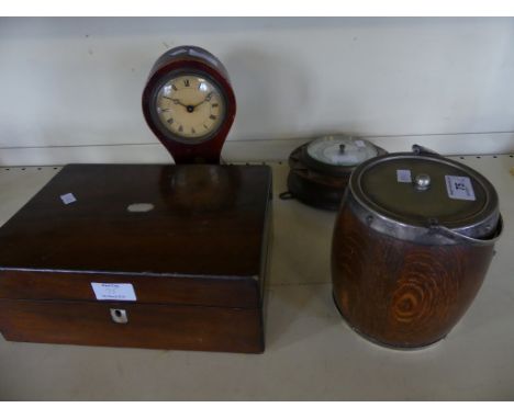 A mixed lot comprising oak cased aneroid barometer, oak biscuit barrel, small rosewood jewellery box and an Edwardian mantel 