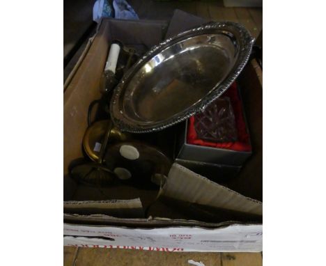 A mixed lot comprising pair oak barley twist candlesticks, Bohemian crystal decanter, brass light fitting and a silver-plated