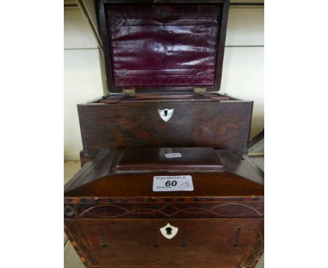 A mixed lot comprising a Georgian inlaid sarcophagus formed tea caddy, a Victorian rosewood jewellery box and a further Victo