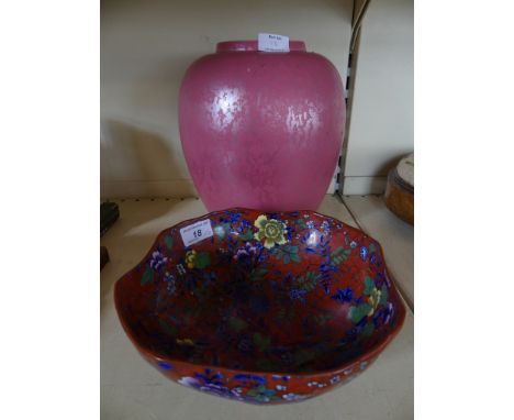 A large pink Poole Pottery vase of ovoid form together with a further Cauldon floral decorated bowl.