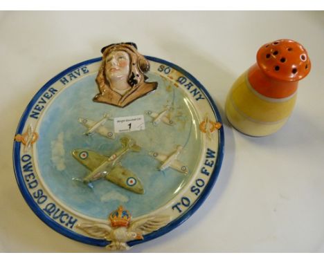 A Grays Pottery Art Deco style sugar drencher together with a Burleigh ware RAF commemorative plate signed J W to the reverse