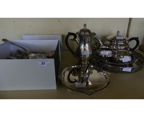 A mixed lot of various silver-plated items to include tea service, serving trays, tazza and a box of cutlery.