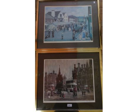Arthur Delaney - signed print street scene with trams, together with a further Tom Dodson signed print, market scene, both in